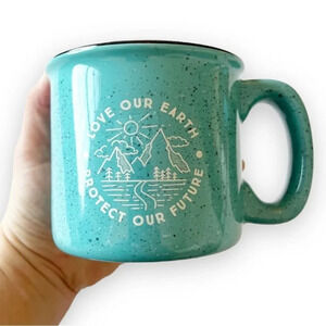 Save Our Earth Turquoise Speckled‎ Coffee Mug Camp Style Ceramic Climate Change